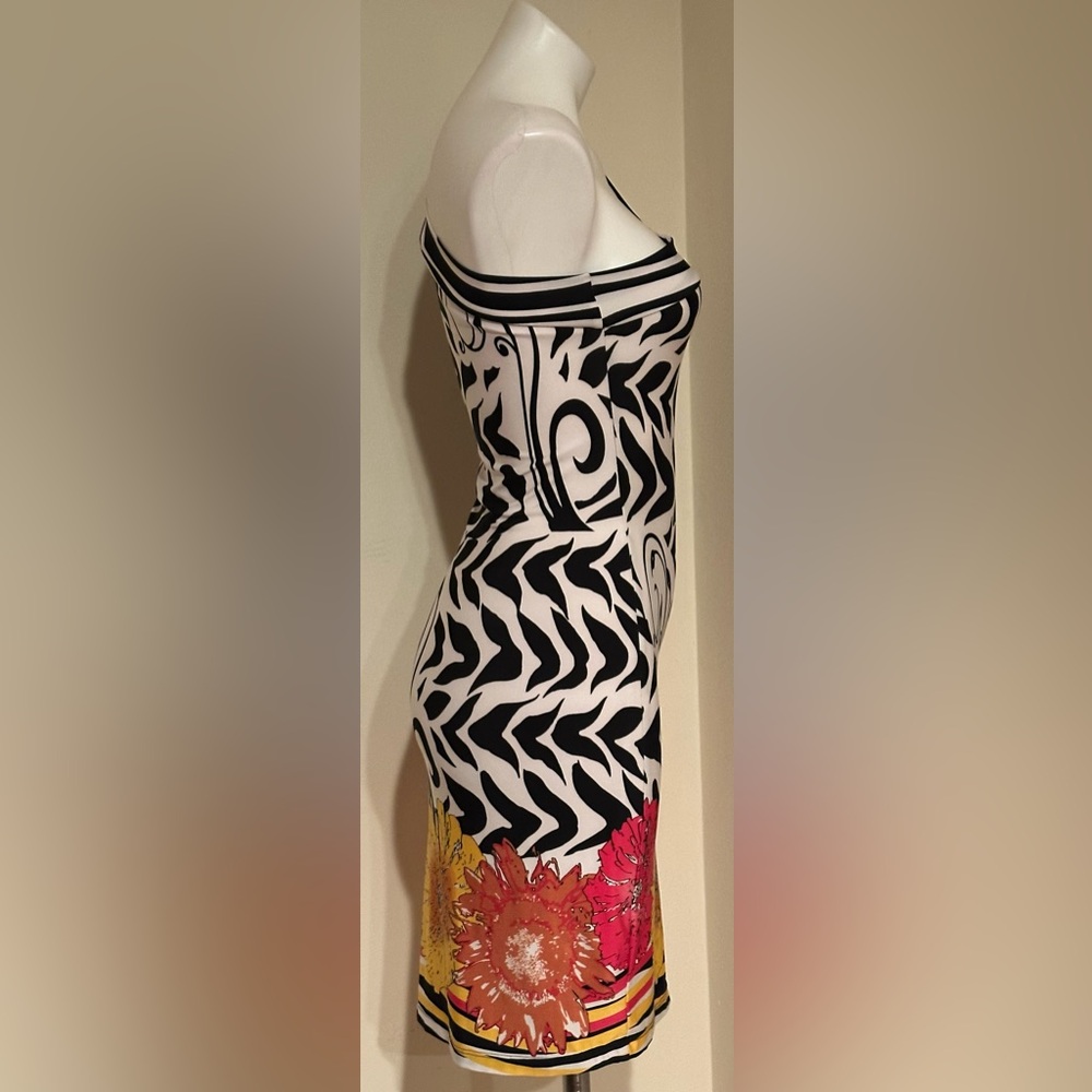 ANALILI Black White Abstract Floral One Shoulder Neck Line Body Con Dress Sz S - Picture 2 of 15